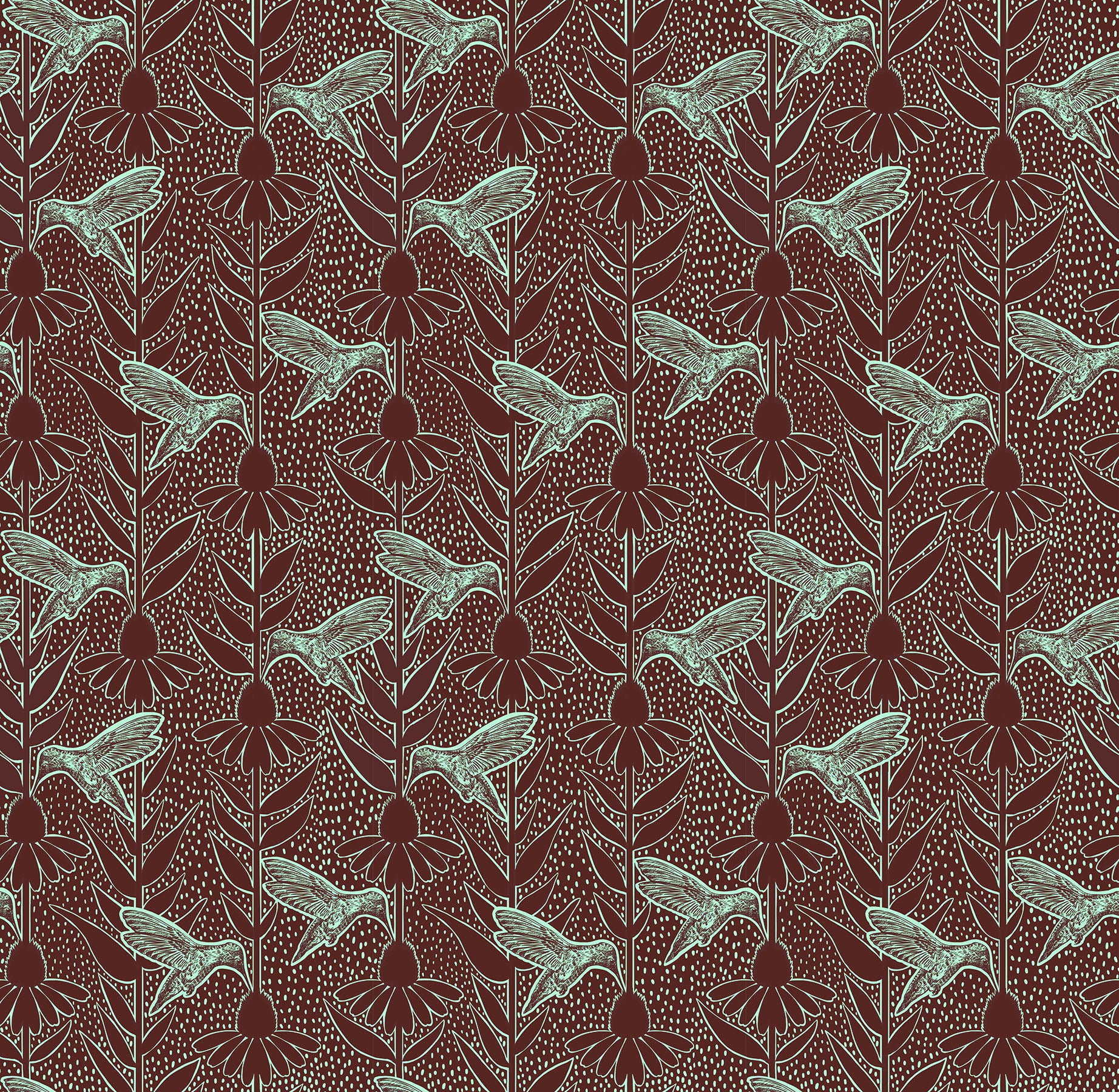 Indelible Ink - Humming - Patina - aqua hummingbirds on maroon- Anna Maria