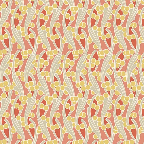 Fleur Nouveau - Seaweed - Orange - tan leaves & gold bubbles on dark coral