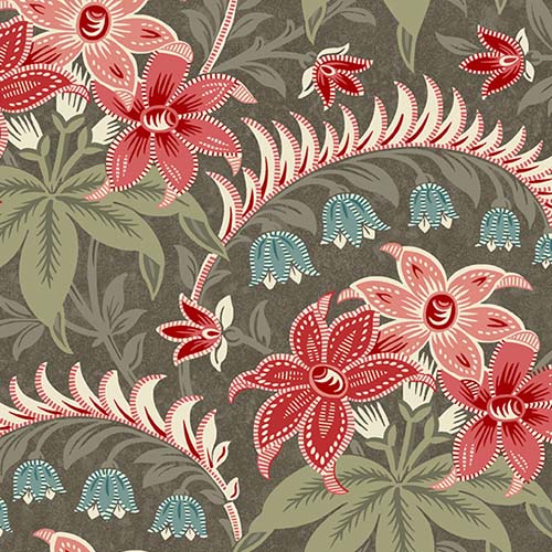 Tradewinds - Tradewinds - Dolphin -Large pink & red floral on dark taupe