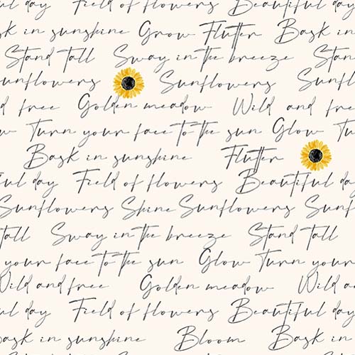 Sunflower Meadow - Writing - White - text w/ small sunflowers on off white