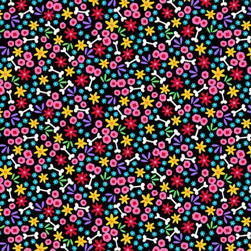 The Day of the Dead - Black - brightly colored flowers and bones on black