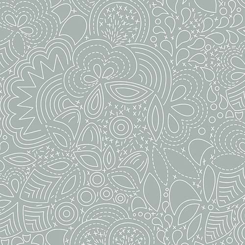 Century Prints - Hopscotch -Stitched- Smoke- white floral line drawing on gray