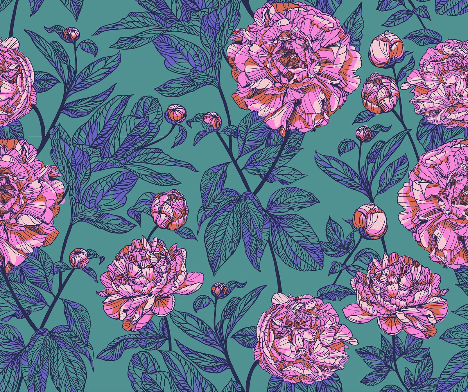 108" Wide Back - Indelible Peony - Jade - lg pink floral on teal- Anna Maria