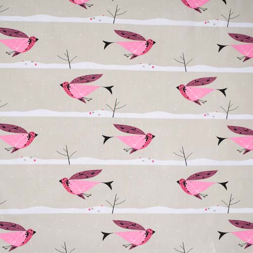 Winter Wonderland-Purple Finch-Finch Flying on Wide Taupe Stripe-Art by Ch