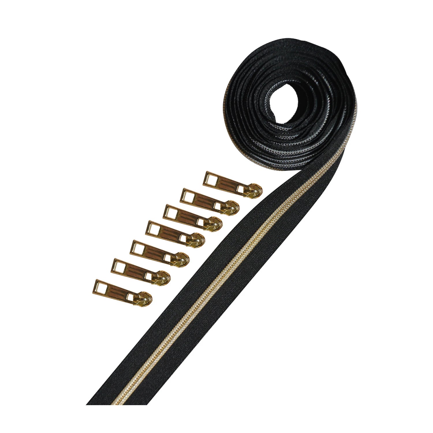 Zipper Tape - Metallic YellowGold black tape 2.5yds. w/7 pulls