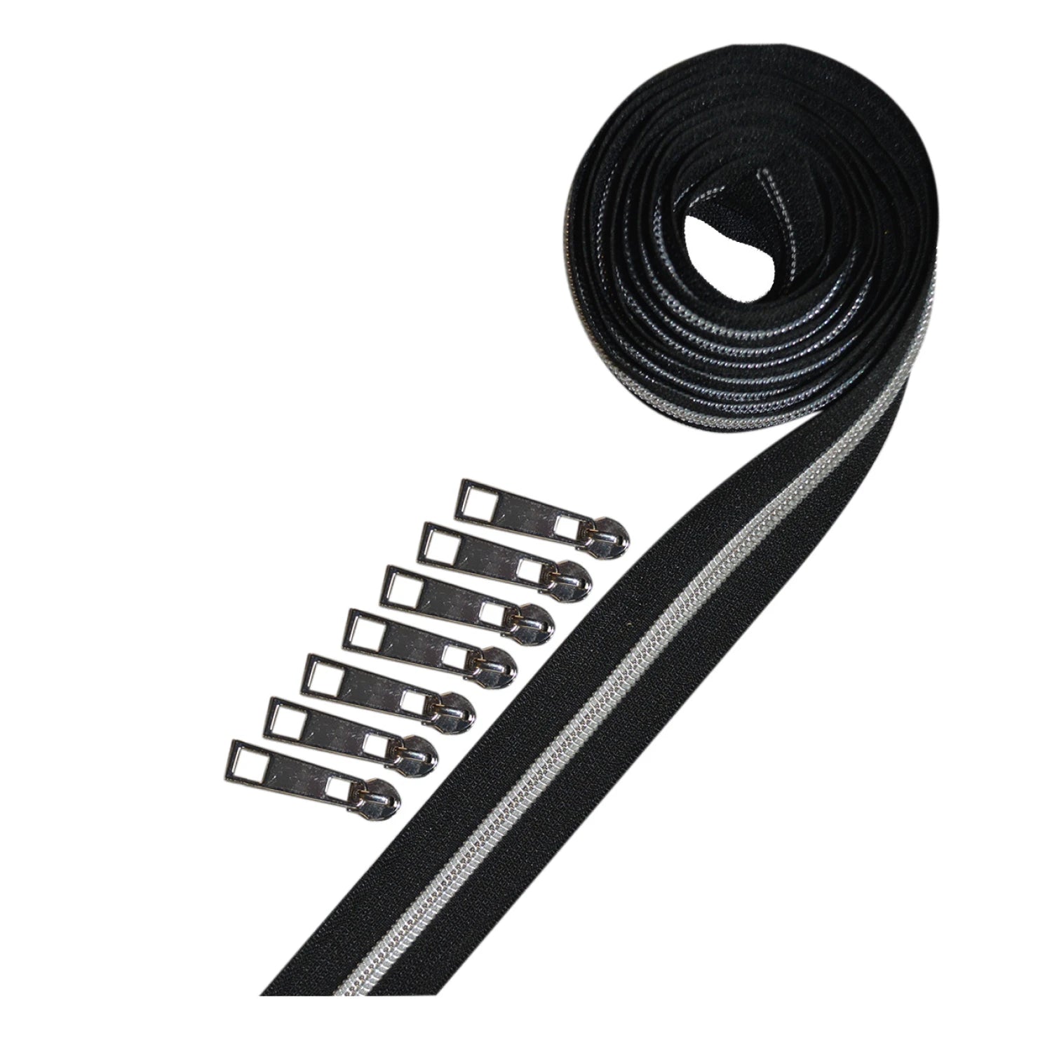 Zipper Tape - Metallic Silver black tape 2.5yds. w/7 pulls