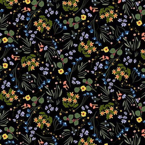 Forest Critters - Wildflowers- Black - tiny yellow, blue flowers on black