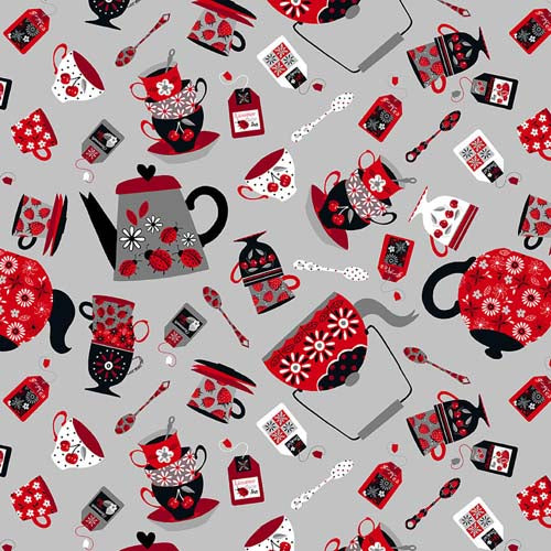 Let's Partea! - Tossed Teapots & Teacups - Gray - red, black & white on gray