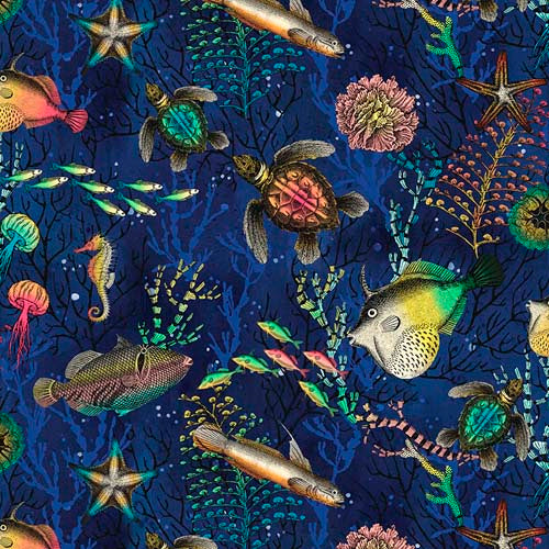 Ocean Menagerie - Underwater Scene - Navy - fish, turtles etc. on dark blue
