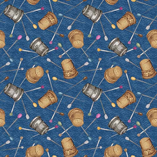 Atelier - Thimbles and Pins -Dark Blue - tossed thimbles & pins on dark blue