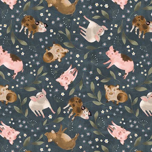 Farm Country - Tossed Pigs - Dark Teal - Pigs & flowers on teal