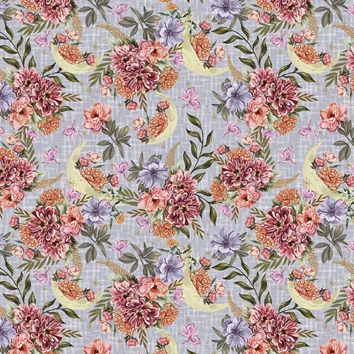 Midnight Rendezvous - Crescent moons w/flowers - Lt. Purple - pink flowers