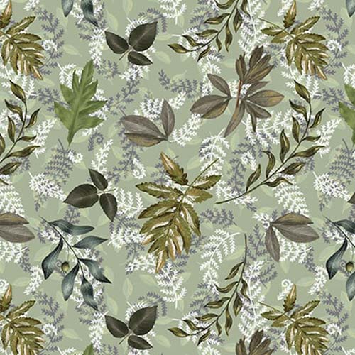 Midnight Rendezvous - Leaves - Green -  various tossed leaves on light green