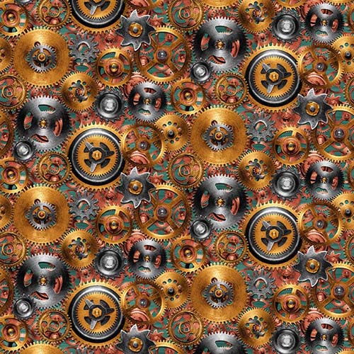 Time Travel - Gears - Gold -  packed gold & silver gears on green