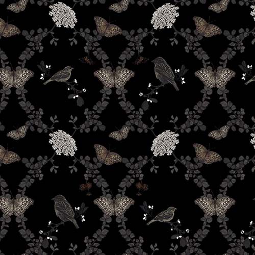 Nature's Whisper - Birds, Butterflies and Flowers - Black - lt neutrals on black