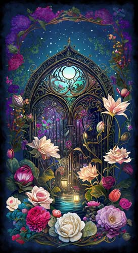 Night Garden - PANEL app.24in. - Garden Gate - Teal - nighttime garden scene