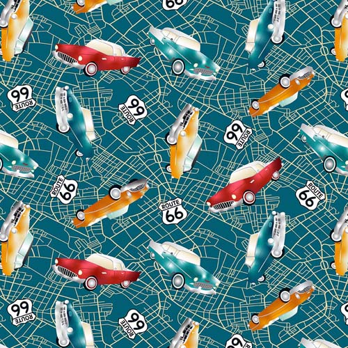 Cruisin' the Open Road - Retro Cars - Teal - vintage cars on teal map