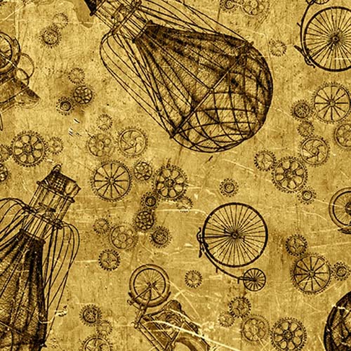 Full Steam Ahead - Hot Air Balloons, Cars & Bikes - Brass - tossed on gold
