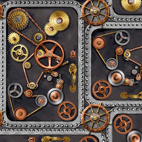 Full Steam Ahead - Gears on Doors - Charcoal - gears on riveted doors