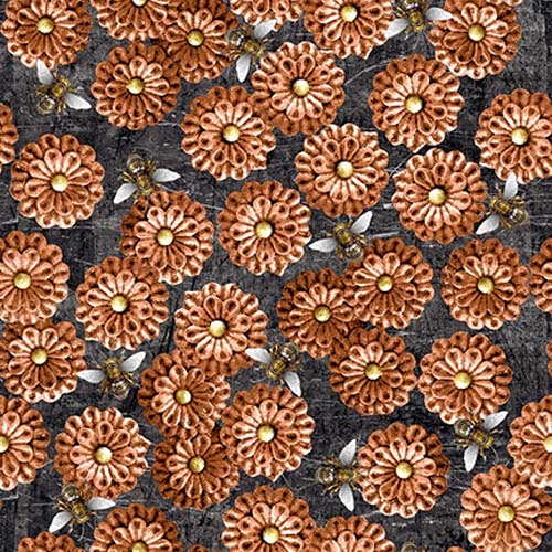 Full Steam Ahead - Flowers & Bees - Copper - copper flowers & bees on gray