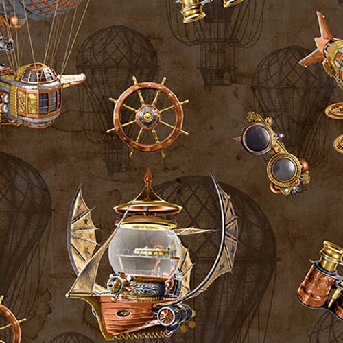 Full Steam Ahead - Airships -Brown -  steampunk airshiips on dark brown