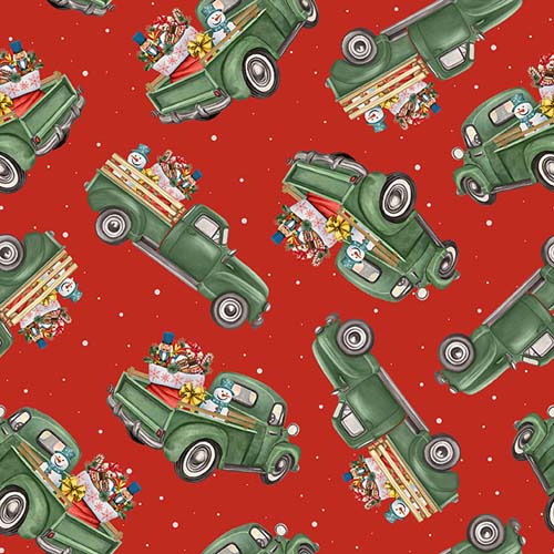 Comfort & Joy - Green Trucks - Red - Tossed green trucks on red