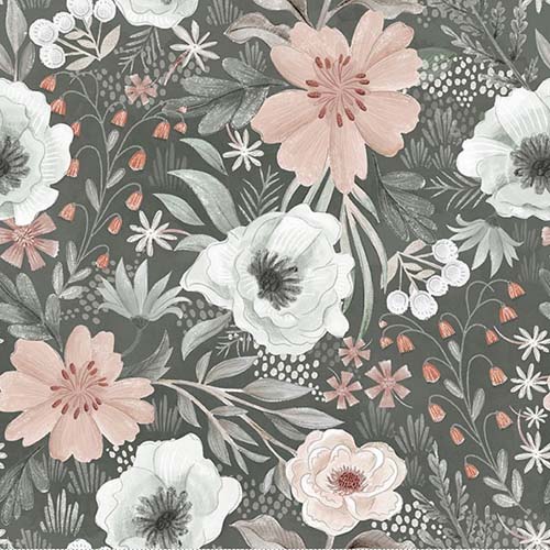 Petals & Pewter - Large Flowers - Gray - large pink & white floral on gray/green