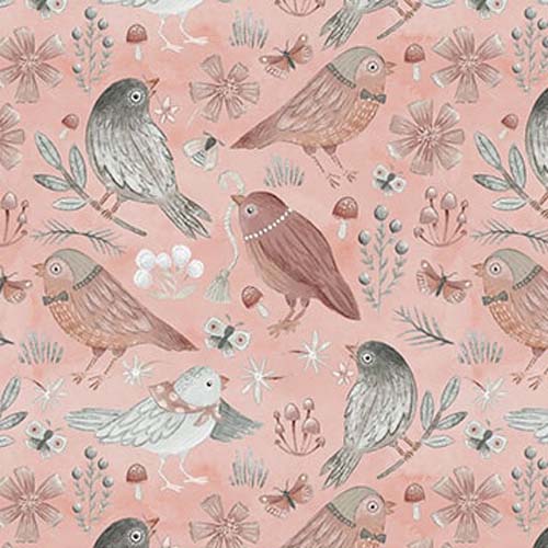 Petals & Pewter - Birds -Dusty Rose - pink & gray birds on pink
