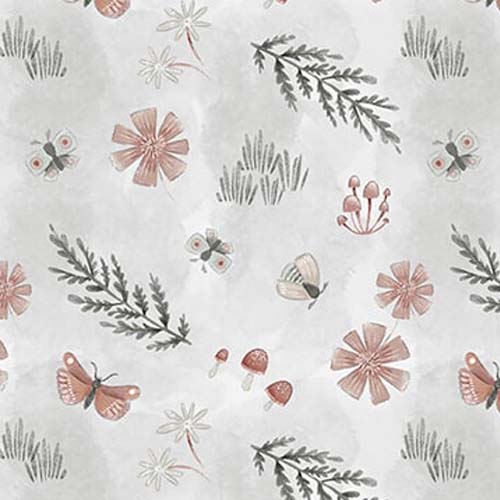 Petals & Pewter - Tossed Motifs - Mist - tossed leaves, flowers, insects on gray