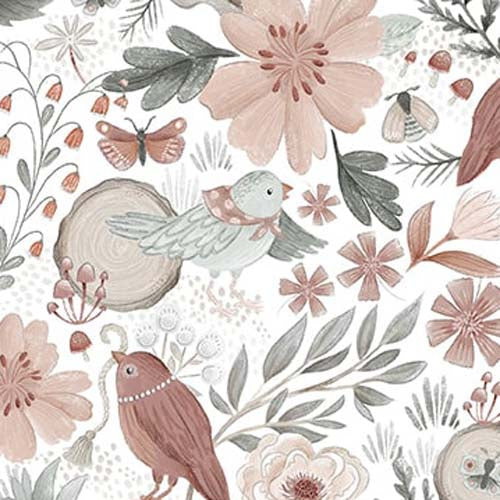 Petals & Pewter - Birds and Flowers - White -brown & gray birds & floral on whit
