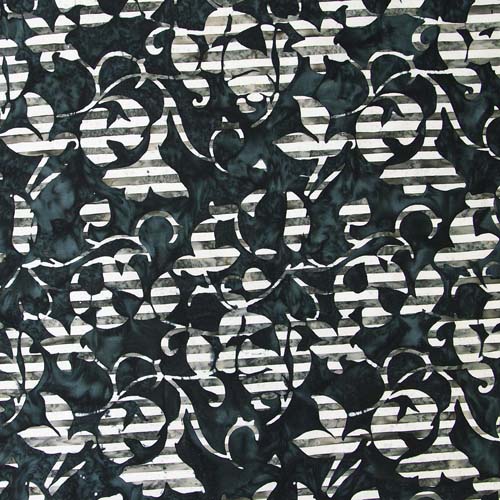 Cherry Blossoms - Grey/Raven - Striped Grey & Cream Floral on Raven Black From
