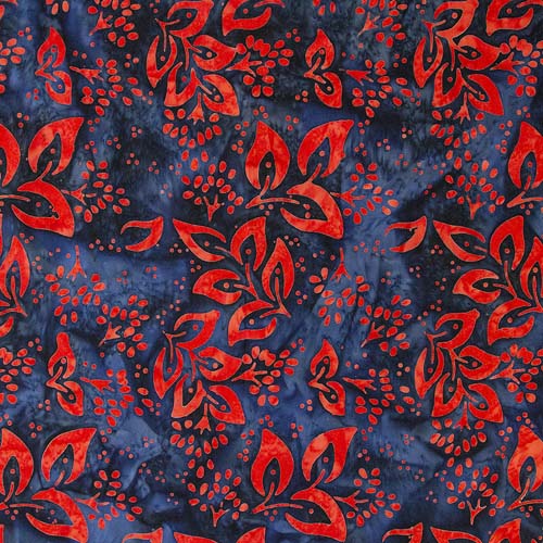 Cherry Blossoms - Denim/Red - Red Floral on Denim Blue From Banyan Batiks