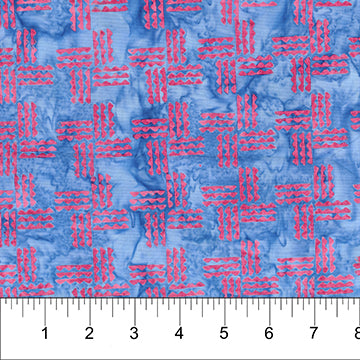 Kilts & Quilts Batiks - Kilheath castle - red geometric design on blue