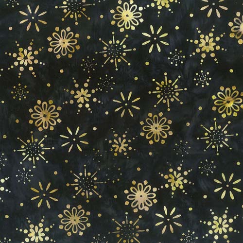 Batik - Deck the Halls - Snowflakes - Black - gold&green snowflakes on black