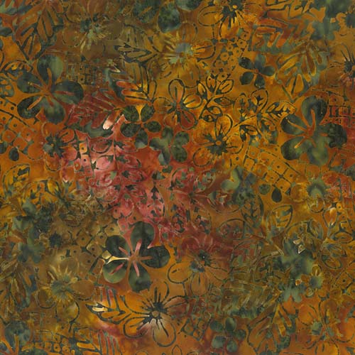 Heartland Batik - Cobble Daisy - Harvest - dark green, rust & gold floral
