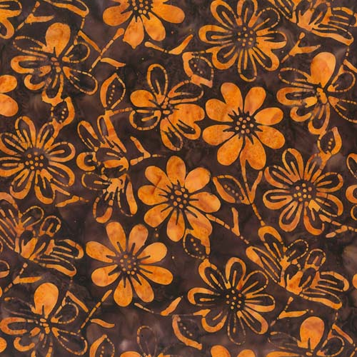 Heartland Batik - Daisy Toss - Cedar - orange flowers on dark brown