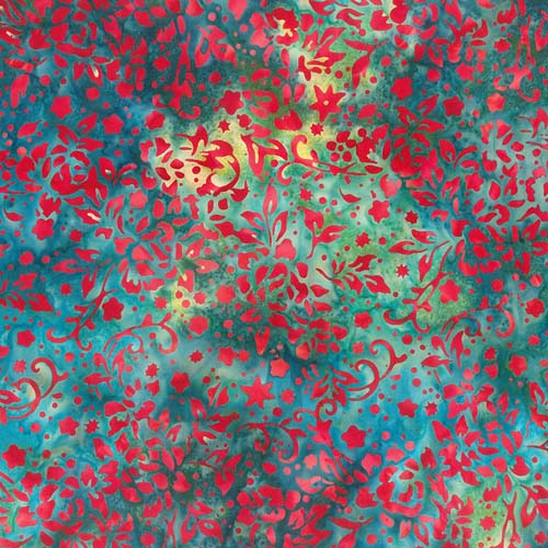 Garden Spirit Batik - Swirled Stencil - Denim - Red star Whisps on blue