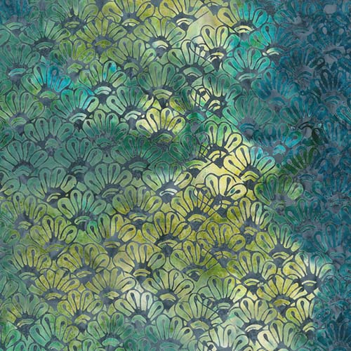 Garden Spirit Batik - Floral Fan - Denim - blue fans on teal, green