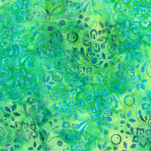 Whirlpool Batik - Floral Bubbles - Sour Apple- blue floral on green