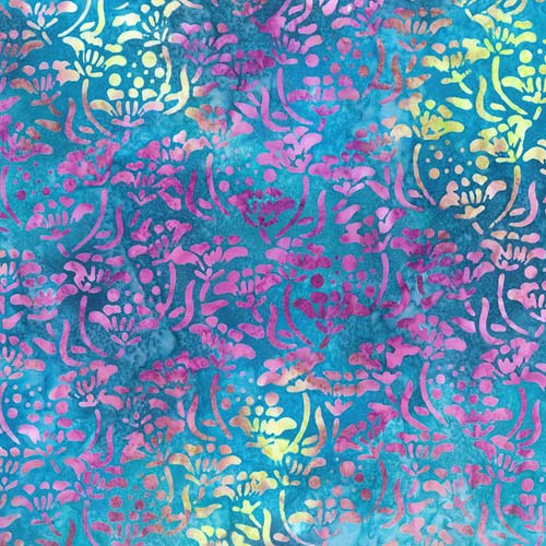 Whirlpool Batik - Stencils - Masquerade - pink & yellow floral on teal