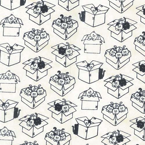 Meow Meow Batik - Cat Boxes -Cream - black & white cats in boxes on cream