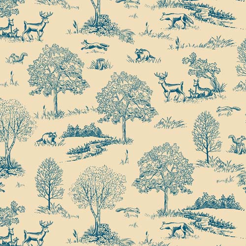 KSNB-2024 - Nature Toile - Ecru - blue nature scenes on ecru