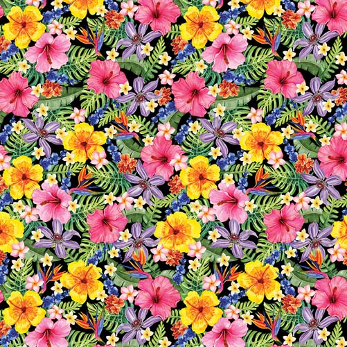 Paradise Awaits - Tropical Garden - Black - packed floral on black