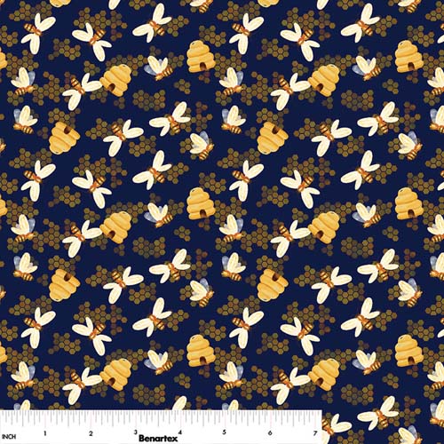 2025 KSNE - Farmland -Honey Bees - Navy - bees & hives on blue