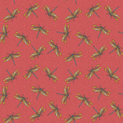 Small Wonders - Dragonfly Wonder - Persimmon - tossed dragonflies on red