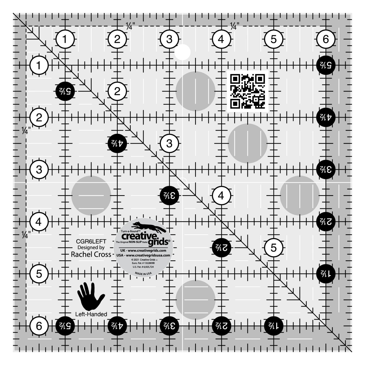 Creative Grids non-slip ruler -6.5 x 6.5" LEFT handed square ruler-CGR6LEFT