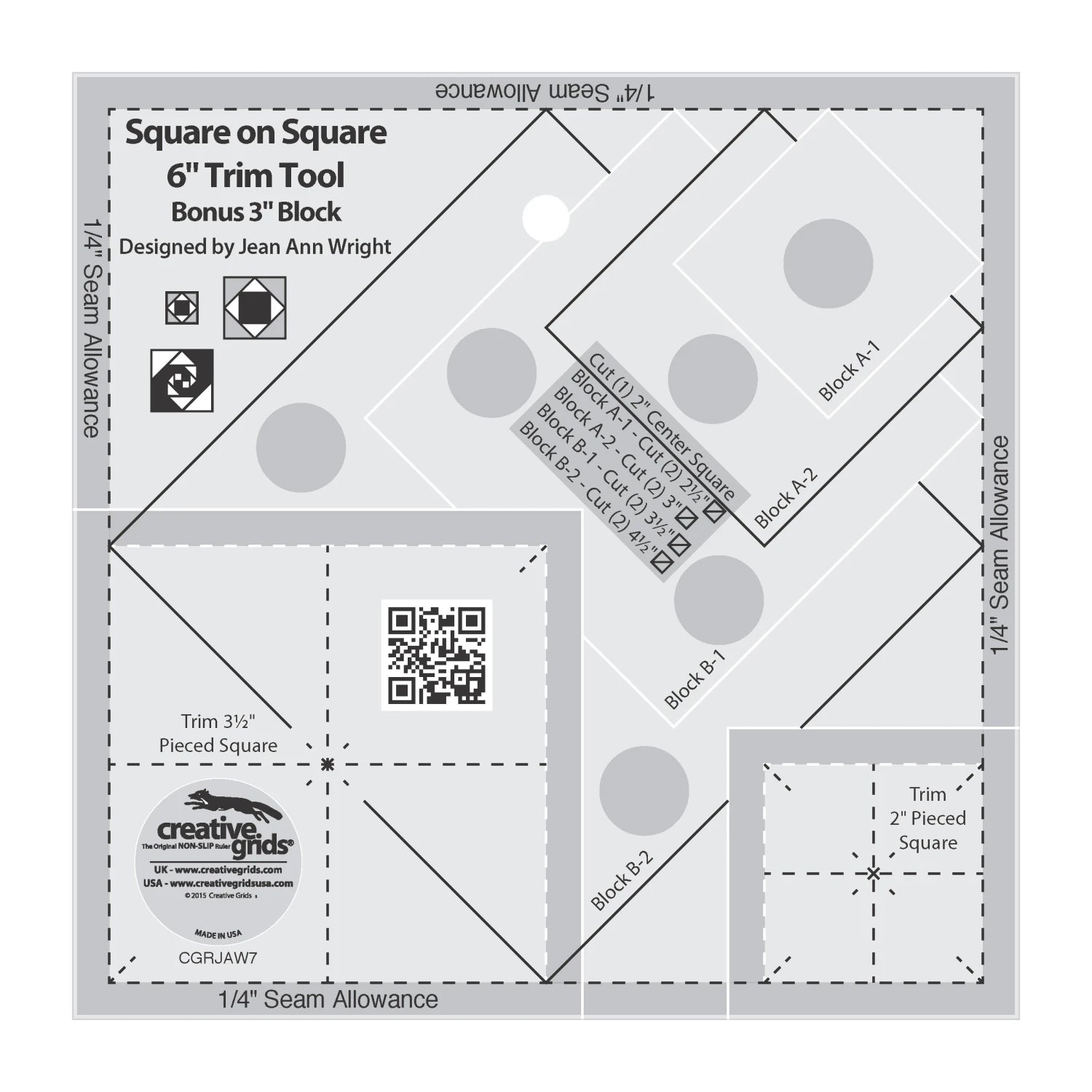 Creative Grids non-slip Square on Square 6" Trim Tool - Bonus 3" Block - CGRJAW7