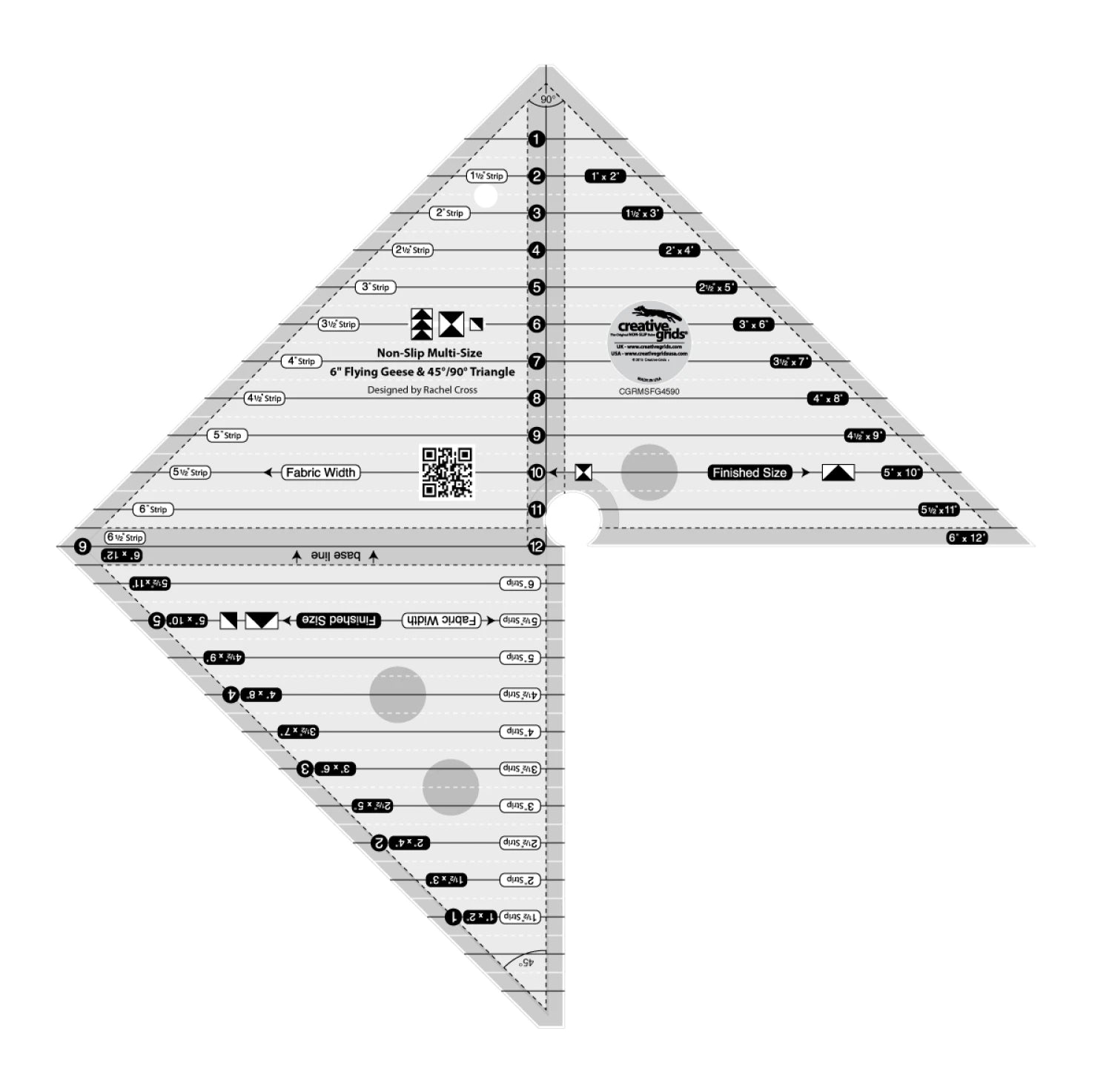 Creative Grids non-slip ruler - Multi-size 45/90 degree triangle - Rachel Cross