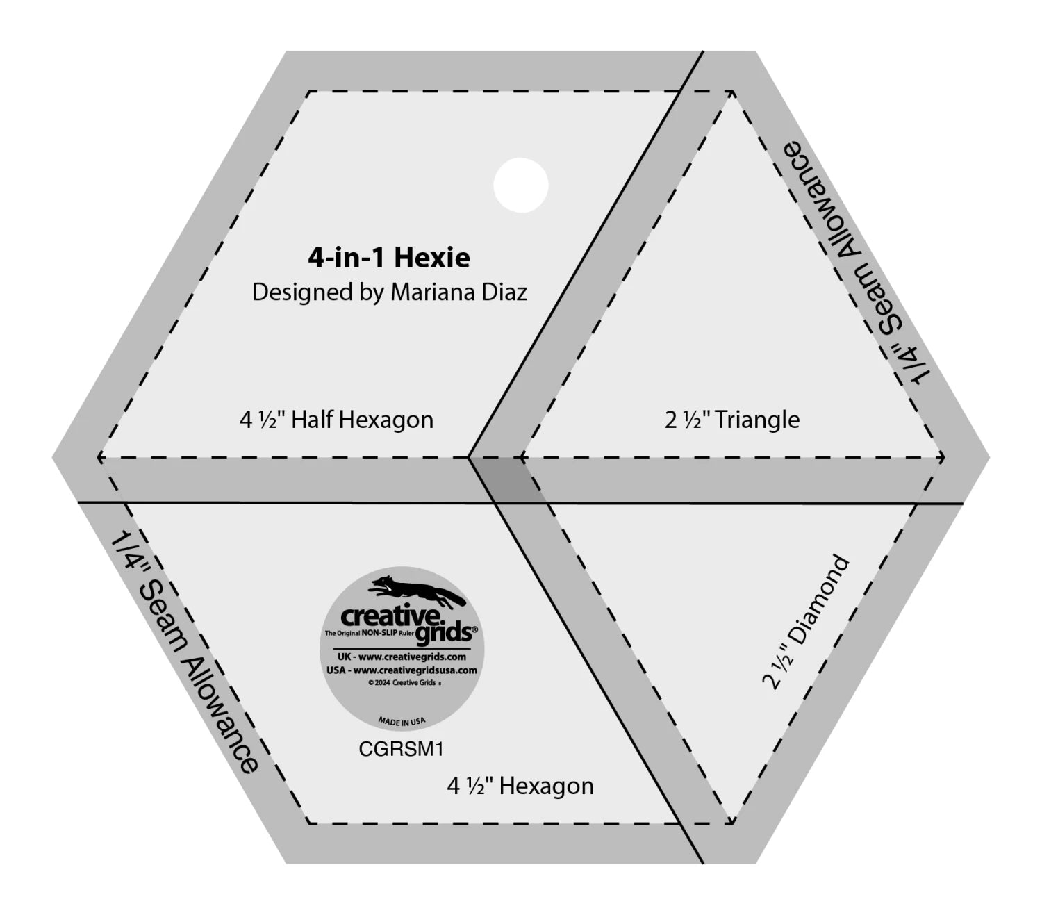 Creative Grids Non-Slip 4-in-1 Hexie ruler - 4.5 inch hexie - CGRSM1