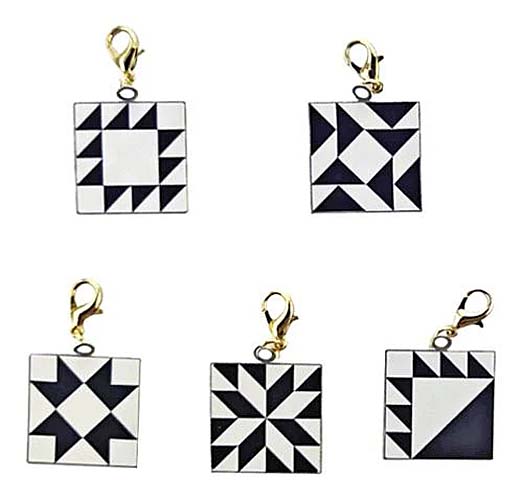 Chrissy Lux -Pouch Club zipper pulls -   6 enamelled black & white quilt blocks